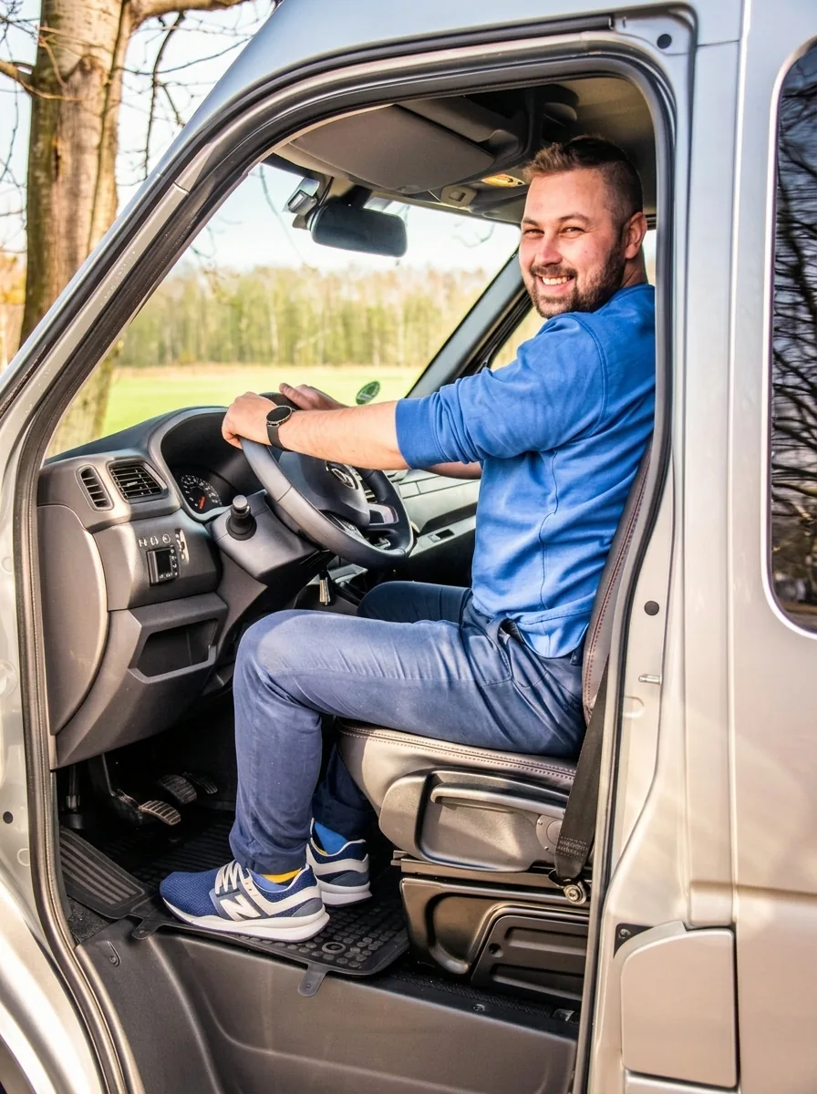 Uśmiechnięty kierowca Vipmar Tour za kierownicą busa